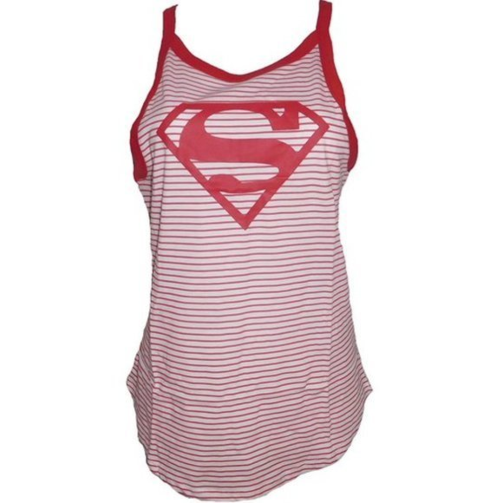 DC Comics Women's Juniors Superman Tank Top Red‎ Stripes Spaghetti Strap